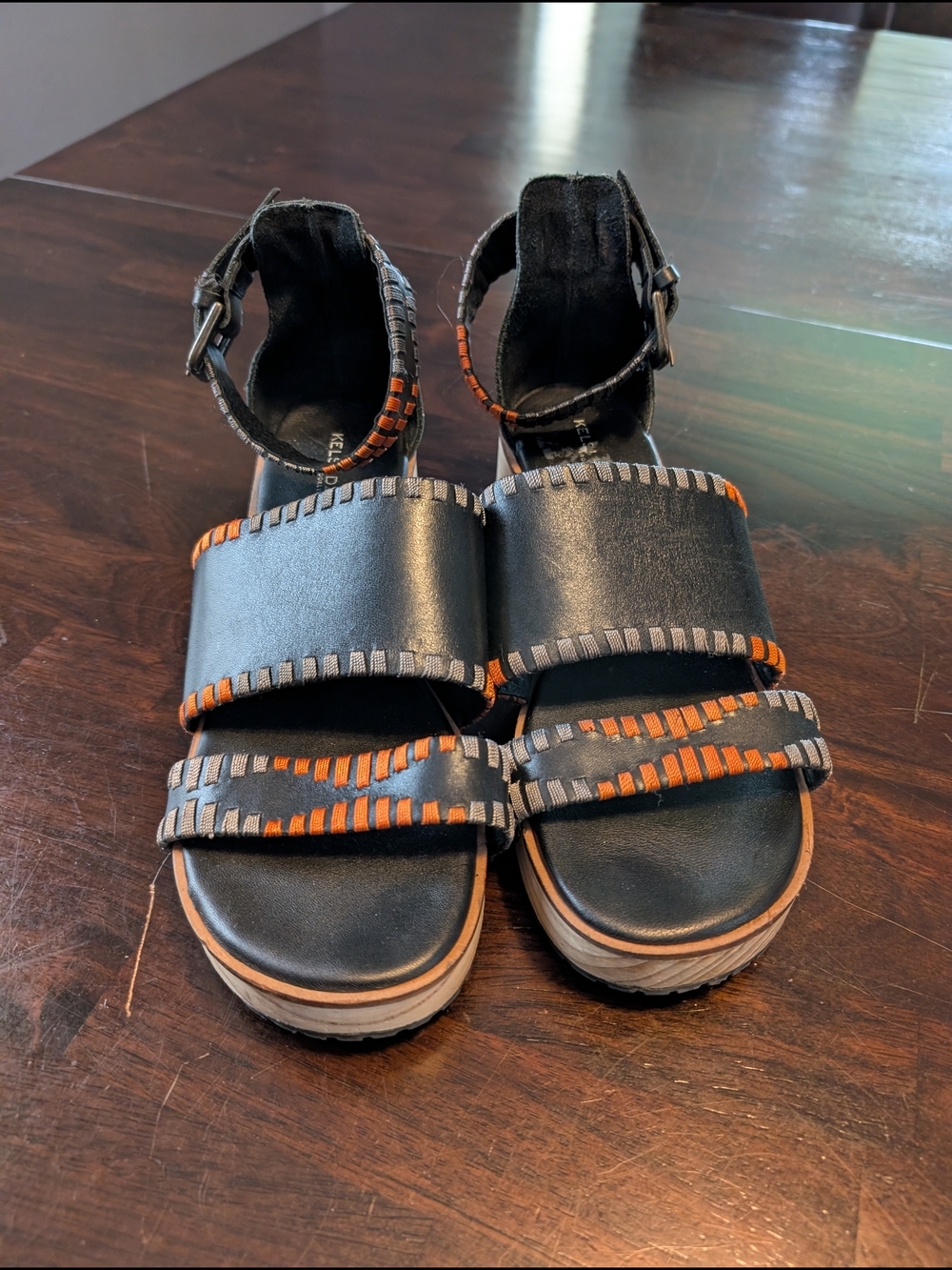 Kelsi Dagger Black Sandals with Orange and Gray Stitching Women's 8.5